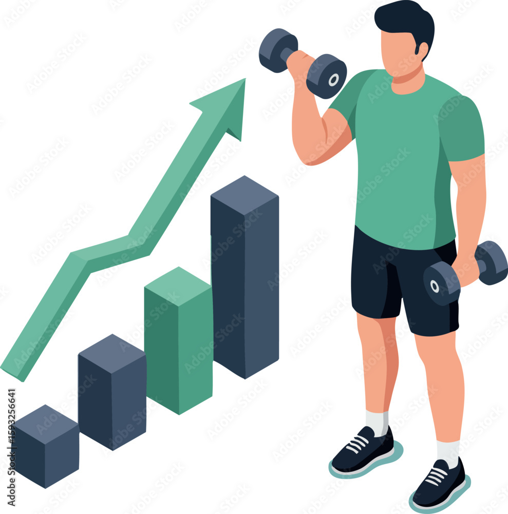 Poster man lifting dumbbells with rising bar chart showing fitness progress and strength improvement vector