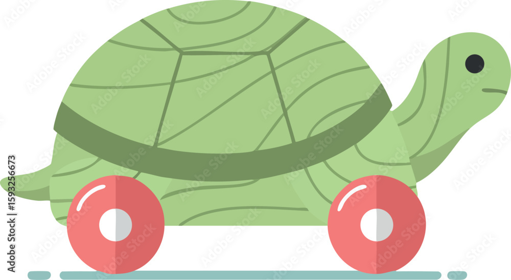 Poster turtle toy on wheels simple flat design with green shell and red wheels vector illustration