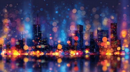 Abstract cityscape at night, blurred lights create atmospheric bokeh reflections in the water, artistic rendering.