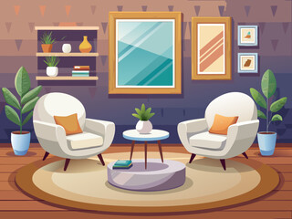 vector of Modern minimalist living room: two luxurious white armchairs next to a round coffee table. A calm minimalist living room. Empty photo frame and...