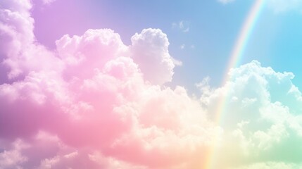 Pastel rainbow sky with fluffy clouds