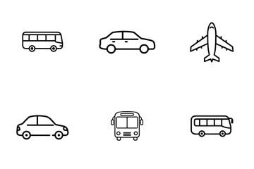 Set of line icons of transportation vehicles on transparent background, isolated, Collage