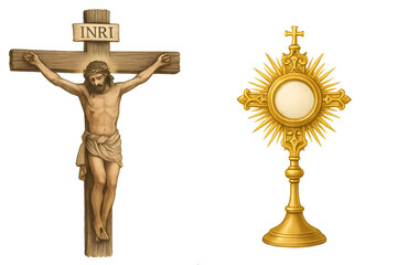 Split Religious Scene with Jesus on the Cross and Glowing Monstrance Symbolizing Sacrifice and Presence transparent background png