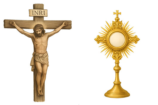 Split Religious Scene with Jesus on the Cross and Glowing Monstrance Symbolizing Sacrifice and Presence transparent background png