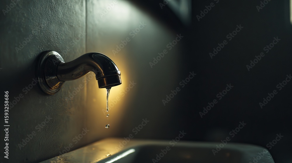 Poster old faucet with dripping drops creates a stunning minimalistic art with moody dark light setting up 