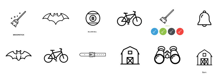 Isolated SVG icon set on transparent background — bicycle, bat, barn, broomstick, binoculars, bell, ideal for UI design, outdoor activity infographics, farm life visuals, and educational content.