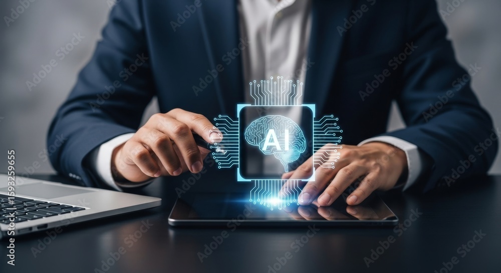 Poster a businessman interacts with a glowing ai brain graphic on a tablet, representing the integration of