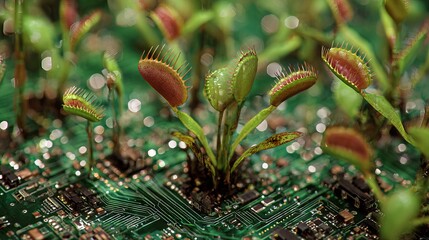 Venus flytraps emerge from digital landscape, a metaphor for cybersecurity threats and technology's unseen dangers