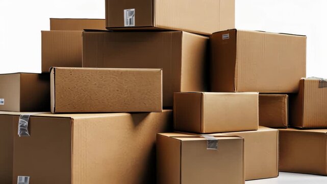 Pile of Cardboard Boxes: A collection of sturdy cardboard boxes, stacked high in a storage arrangement, ready for shipping and deliveries. This image is perfect for illustrating concepts of logistics.