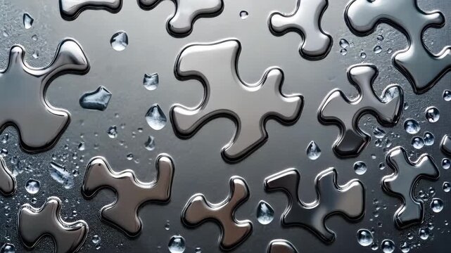 Interlocking Pieces: A stunning studio shot captures the elegance of metallic puzzle pieces scattered amidst droplets on a reflective surface, with precision and sophistication.