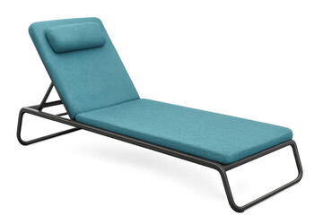Teal lounge chair featuring comfortable headrest, positioned against transparent backdrop, representing relaxation and poolside leisure comfort