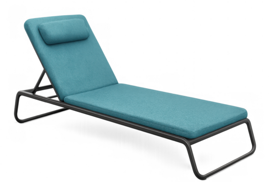 Teal lounge chair featuring comfortable headrest, positioned against transparent backdrop, representing relaxation and poolside leisure comfort