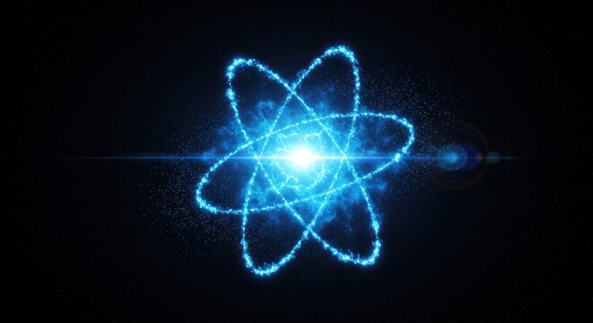 Electric blue atom model with particle trails symbolizing energy and physics principles