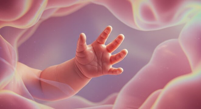 Delicate innocence, portrayal of fetal development with a gentle baby's hand in womb environment