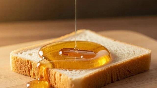 Golden honey dripping onto fresh white bread slice closeup on wooden table