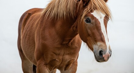 Obraz premium Close-up portrait of a chestnut horse with a distinct white blaze showcasing its serene yet