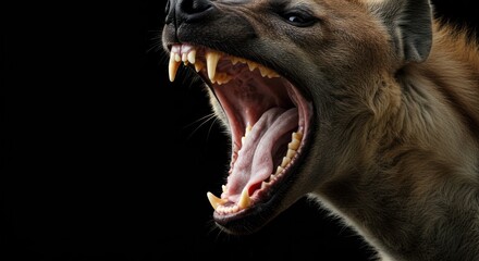 Menacing hyena portrait with open jaws revealing sharp teeth on a black backdrop