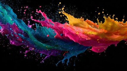 Vivid paint explosion creating an abstract colorful artwork against a dramatic black backdrop enhancing vibrancy and intensity.