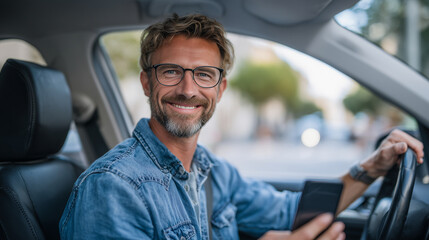 Solo road trip driver smiles as GPS reroutes through a scenic downtown area. Phone screen shows alternate path through historic city blocks, blending exploration and technology.