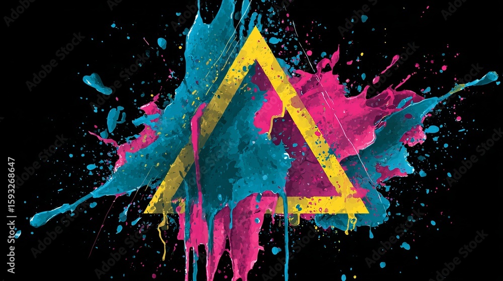Poster abstract colorful splash art with triangle, a dynamic and energetic visual expression against dark b