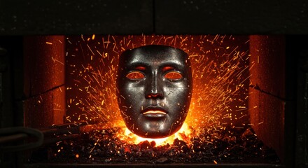 Intense fiery forge revealing a mysterious metal mask amidst swirling sparks