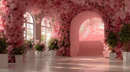 Pink Flower Wall with Arched Window and Greenery for Indoor Wedding