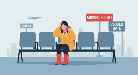 Fototapeta premium Woman In Despair Over Missed Flight At Airport Terminal Waiting Area