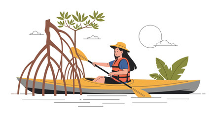 Obraz premium Woman Kayaking Through Mangrove Forest Enjoying Serene Nature And Healthy Lifestyle