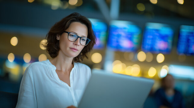 Modern airport lounge scene with a professional woman intensely focused on laptop screen, analyzing data. Background features travelers, flight monitors, and a sense of quiet movem