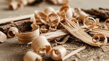 Curling Wood Shavings and Chips with Bark on Rough Wooden Surface Closeup Shot - Powered by Adobe