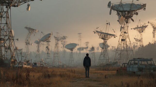 Contemplative figure surveys a dystopian landscape dominated by forgotten antennas - Powered by Adobe