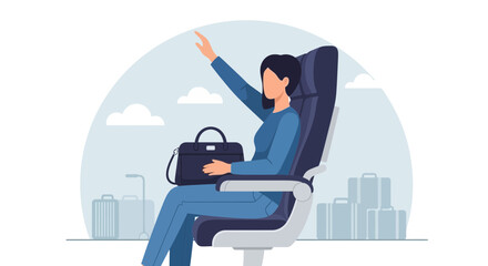 Woman On Airplane Ready To Takeoff Enjoying Flight View With Hand Up