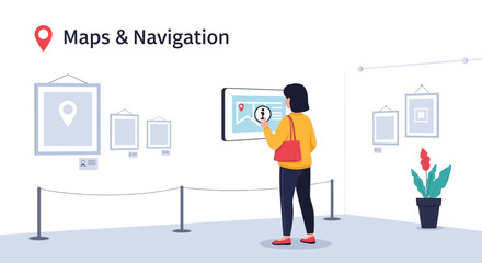 Fototapeta premium Museum Visitor Interacting With Interactive Information Display About Gallery Map