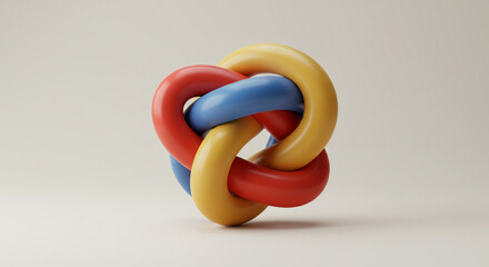 A vibrant abstract sculpture of three primary-colored rings interlocked in a complex, unified knot.