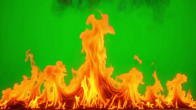 Blazing fire effect on a green screen provides visual dynamism for compositing and background replacements with vivid intensity.