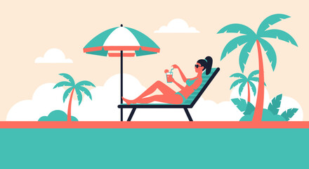 Tropical Getaway Woman Lounging in Chair With Cocktail Under Umbrella