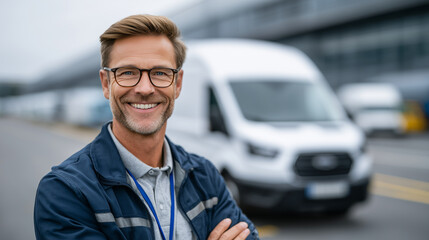 Fleet manager smiles subtly, standing with confidence in a bustling vehicle yard. Motion blur of a moving delivery van behind him illustrates dynamic courier service and transporta