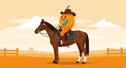 Pumpkin Head Rider On Horseback In Desert Scene Spooky Halloween Illustration