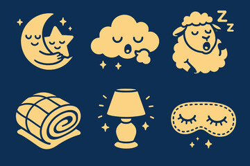 Sleep icon set: moon hug, cozy blanket, glowing lamp, dreamy mask. Nighttime cartoon icons for children and wellness UI.