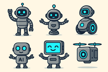 Fototapeta premium Friendly robot icons: helper, waving, cube drone, screen face. Cartoon vector for kids tech apps and fun interfaces.
