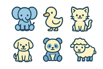 Baby animal icons: kitten, duckling, lamb, puppy, panda, elephant. Soft-colored cartoon vector for kids books and designs.