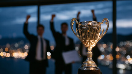 Golden cup trophy glows on a modern table, framed by the silhouettes of team members with raised arms and an award certificate visible