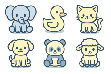 Adorable baby animals: panda, duck, cat, dog, elephant, lamb. Cute cartoon icons for apps, nursery prints, and storybooks.