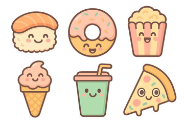Kawaii food icon set: pizza, donut, sushi, ice cream, popcorn, soda. Cartoon style for kids menus and playful food branding.