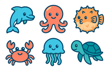 Adorable sea creatures icon set: dolphin, octopus, jellyfish, turtle. Colorful cartoon vector for kids, marine UI and education apps.
