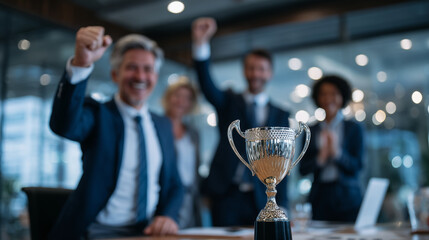 A powerful office scene: the trophy sits at the center of a boardroom table, while the team stands around it with raised hands and broad smiles, affirming achievement and milestone