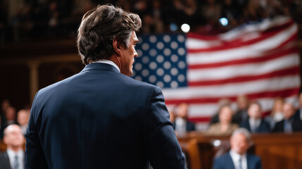 Rear perspective of an official in a dark suit addressing a congressional committee. Behind him, the stars and stripes of the American flag flow as legal experts and judges confer