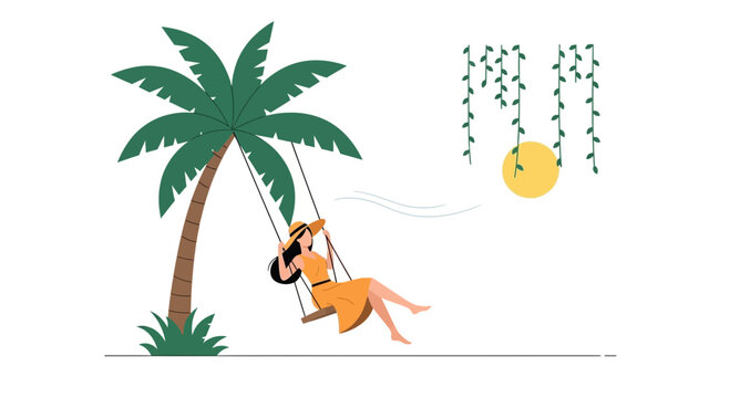 Tropical Serenity Woman On A Swing Under Palm Tree Relaxing In Summer Holiday
