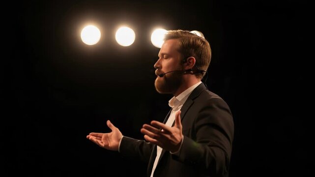 A bearded man with a microphone gestures emphatically while speaking on a stage with bright spotlights behind him