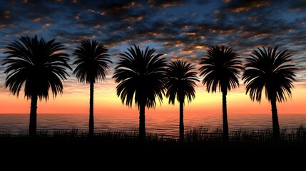 Naklejka premium Silhouette Palm Trees Sunset Ocean Beach Tropical